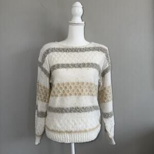 Vintage 80s Christie & Jill Woman’s Sweater Size Large White Stripe Pearl Accent
